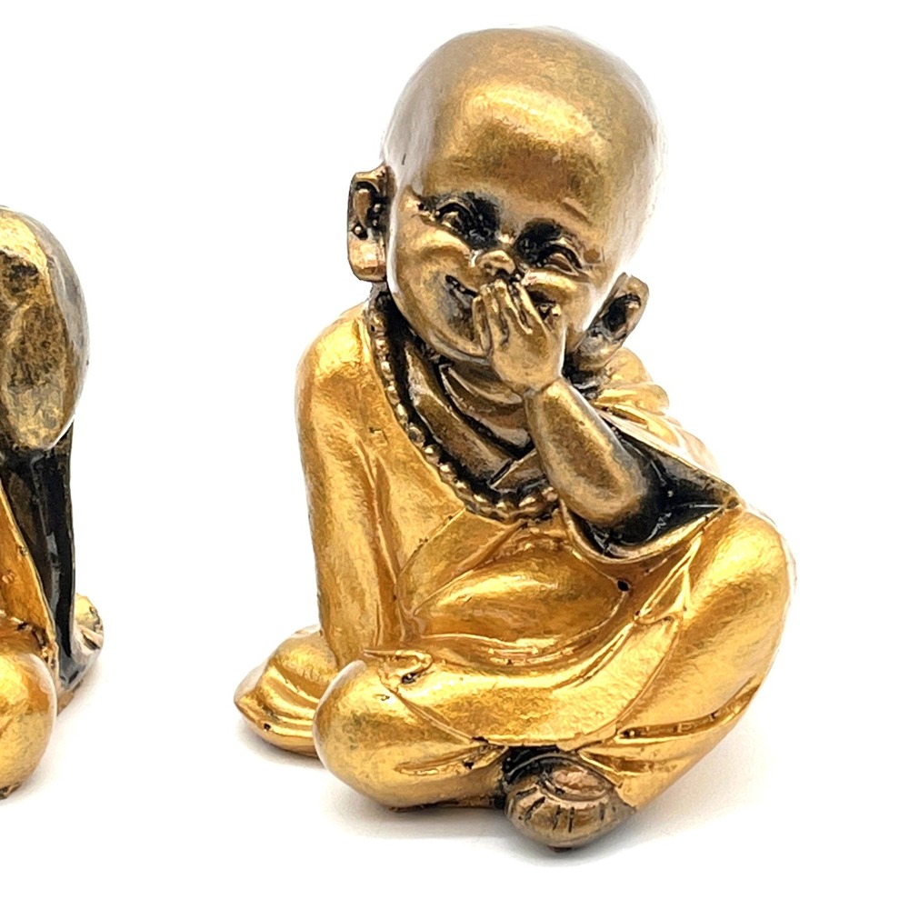 Set of 3 Baby Monk Figurines Hear See Speak No Evil Gold Resin Statues 3" - Picture 4 of 11